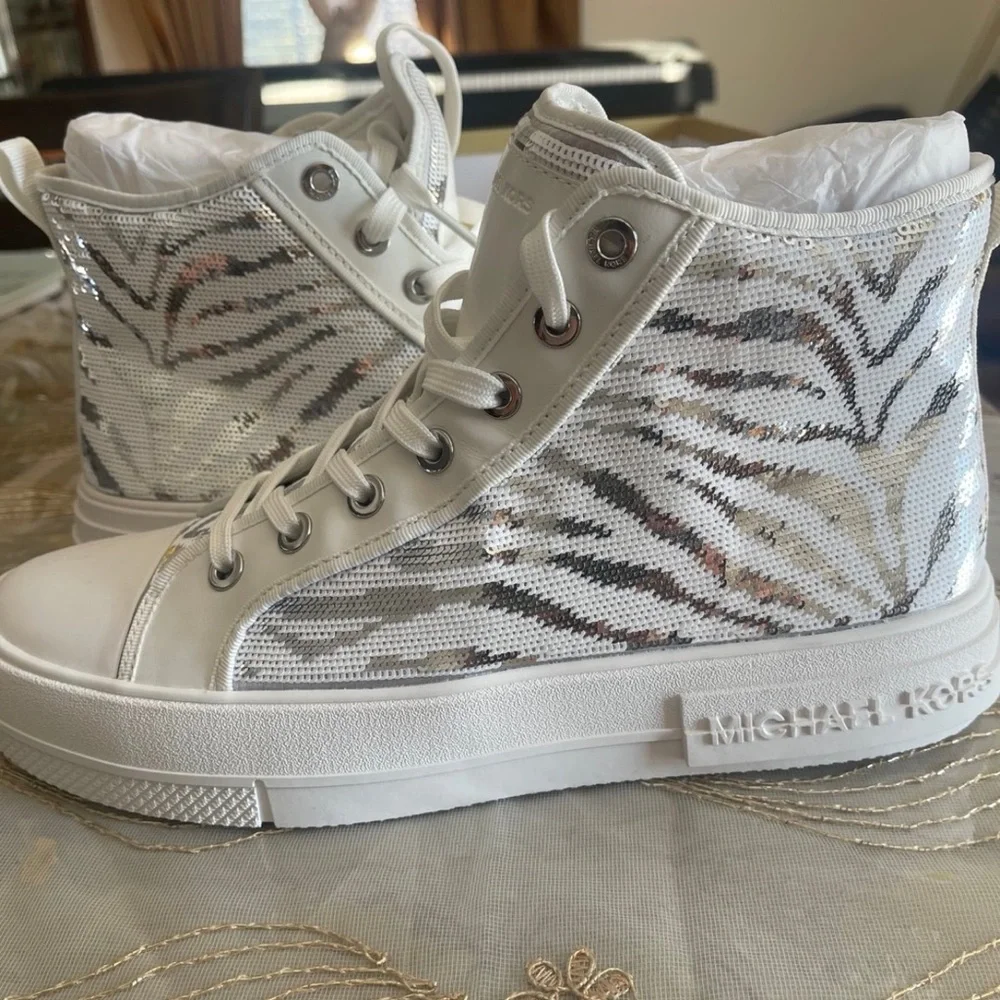 Michael Kors Silver and White High-Top zebra sequin Sneakers size 10